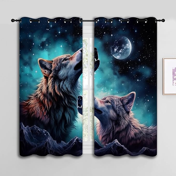 Wolf Blackout Curtains for Boys Girl Bedroom Decor,Starry Sky Howling Wolf Under The Full Moon Thermal Insulated Grommet Drapes Darkening Window Curtain for Living Room Home 42x63 inch