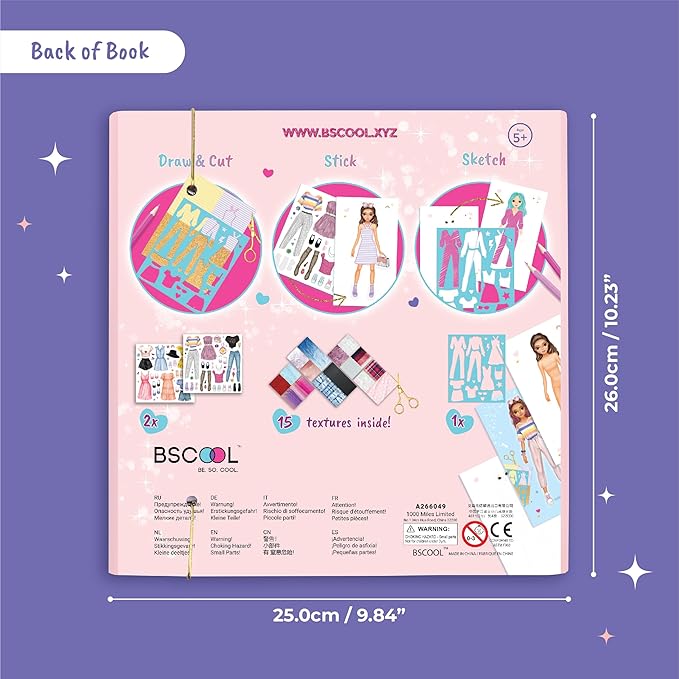 BSCOOL Fashion Studio Drawing, Coloring & Little Designer Creativity Book for Kids 4 and Up with Stickers, Stencils, Textures - Creative Fashion Design Sketchbook for Girls