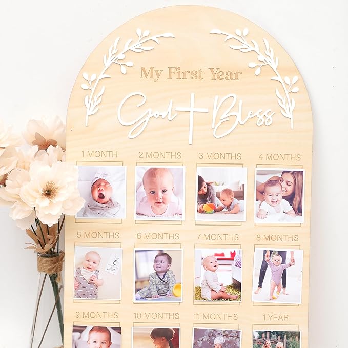 God Bless My First Year Photo Board - 1st Holy Communion Monthly Photos Display,God Bless 1 To 12 Months Photo Wooden Board,Baby Baptism Party Milestone Photos,Wooden Cross Photo Board (God Bless)