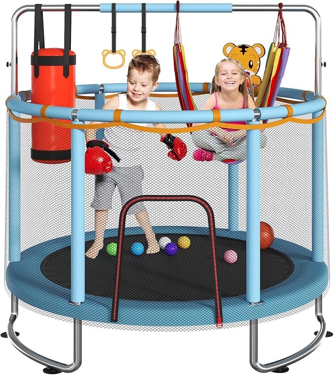 Trampoline for Kids, Upgrade Full Anti-Rust 440lbsToddler Trampoline with Net, Upgraded Ring Legs with Adjustable Gymnastics Bar&Toys, Gifts for Ages 1-8 Boys&Girls