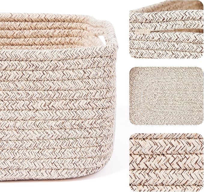 Small Storage Baskets for Organizing | Closet Organizer Bins | Shelf Toy Basket | Woven Rope Baskets | Cube Decorative Box | Shallow Basket | 13x8.5x5.1” | 4 Packs Mixed Brown