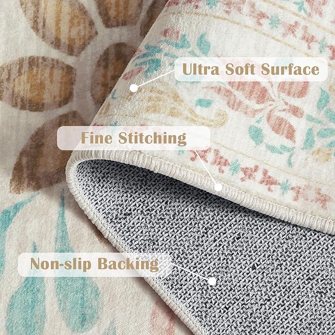 jinchan Vintage Floral 6x9 Area Rugs for Living Room - Machine Washable Distressed Design Soft Throw Rug Ultra-Thin Non-Slip Large Carpet for Bedroom Nursery Dining Room Home Office (6x9ft,Apricot)