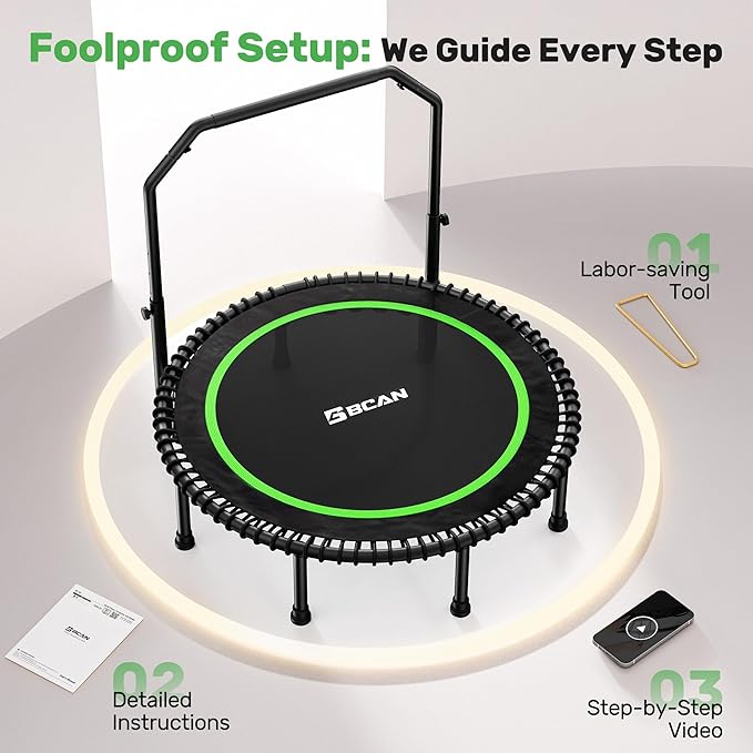 BCAN 40"/48" Mini Rebounder Trampoline for Adults with Bar, 450/550LBS Fitness Trampoline with Bungees, Adjustable Handle, Stable & Quiet, Indoor Outdoor, Whole-Body Workout & Relaxation at Home