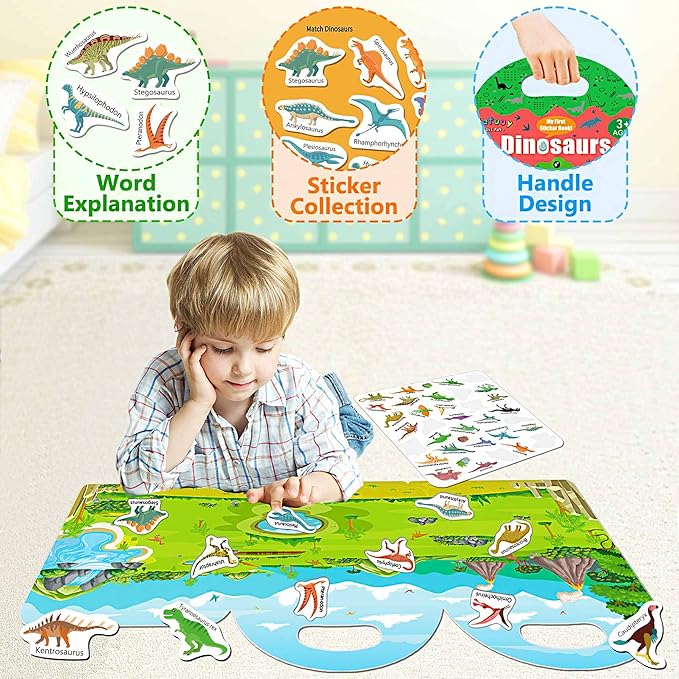 Reusable Sticker Book for Toddlers, Sticker Books for Toddlers 2-4 Years, Airplane Travel Essential for Kids, Stickers for Kids 2 3 4 5 6 Year Old Girls Boys (Dinosaurs)