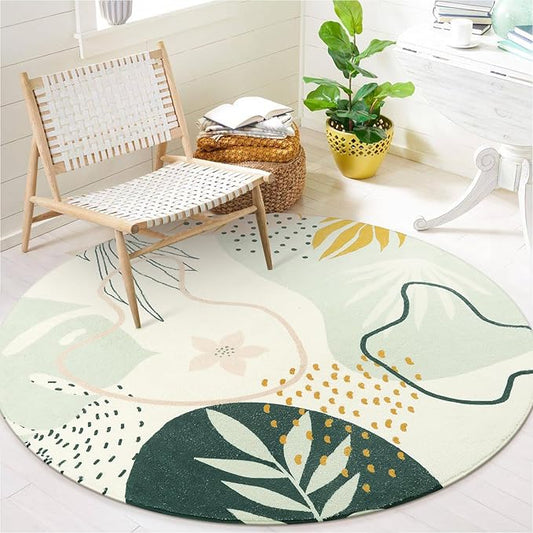 Lahome Boho Round Area Rug - 3Ft Washable Non-Slip Bathroom Rug, Green Botanical Print Carpet for Bedroom, Living Room, Entryway
