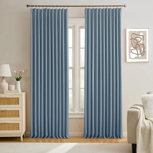 KEQIAOSUOCAI Pinch Pleated Blackout Curtain Drapes for Window 90" L - Triple Weave Energy Saving Thermal Room Divider Blackout Panels for Patio (72" Wide per Panel, 2 Panels, Dusty Blue)