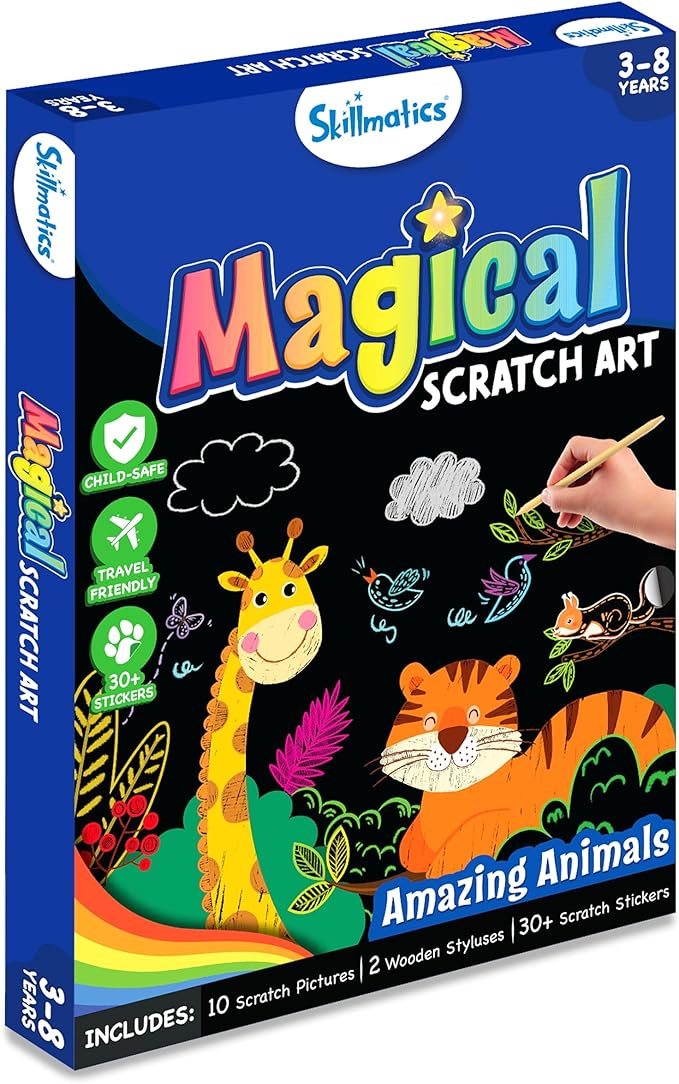 Skillmatics Scratch Art Book for Kids - Animals, Craft Kits & Supplies, 30+ Scratch Stickers, Travel Toys, DIY Kit, Gifts for Boys & Girls Ages 3, 4, 5, 6, 7, 8