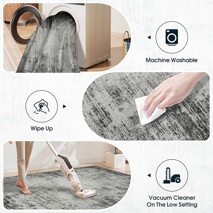 Washable Rug 6x9 Area Rugs, Abstract Washable Rugs with Non-Slip Backing, Stain Resistant Indoor Floor Carpet for Bedroom Dining Room Table Nursery Hallway Home Office-Black/Gray