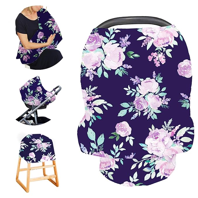 Carseat Cover Girls, Multiuse - Nursing Breastfeeding Covers, Purple Flower Theme, Car seat Canopy, Stretchy Soft Breathable