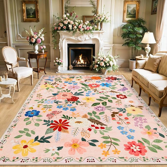 10x14 Area Rugs for Living Room: Floral Washable Rug Vintage Large Soft Boho Non-Slip Carpet Stain Resistant Low Pile Carpets for Bedroom Dining Room Farmhouse Nursery Hallway Home Office Beige