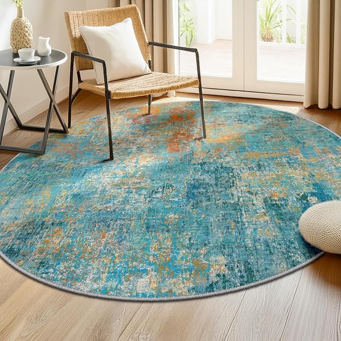 Washable Area Rugs 8ft Non-Slip Modern Abstract Soft for Living Room Entryway Bedroom Nursery, Print Pattern, Teal Blue Green Orange Rust Red Colorful
