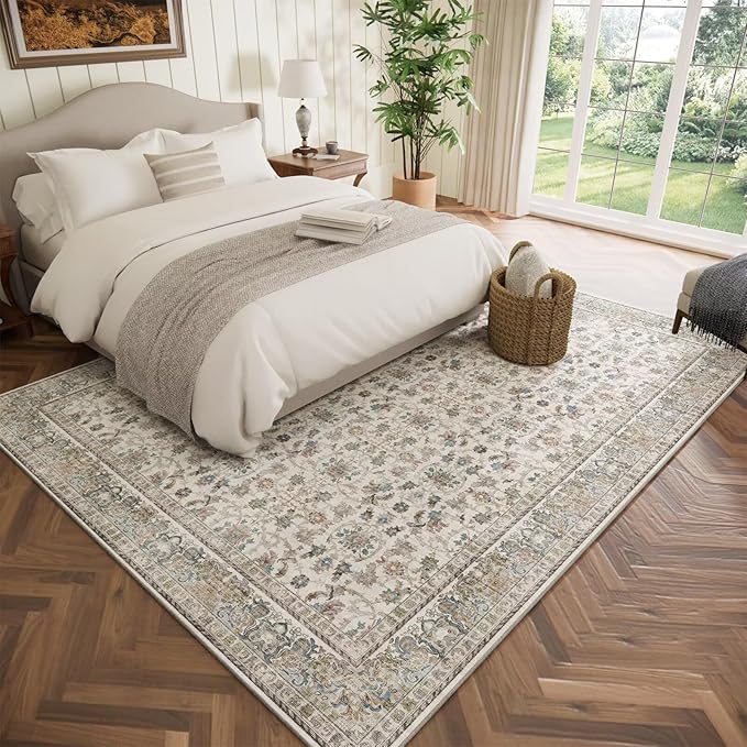 Washable 5x7 Area Rugs for Living Room, Boho Non-Slip Silicone Backing Rugs for Bedroom Dining Room Nursery Office, 0.3" Neutral Oriental Throw Carpet with 0.16" Cushioning Pad, Cream/Multi