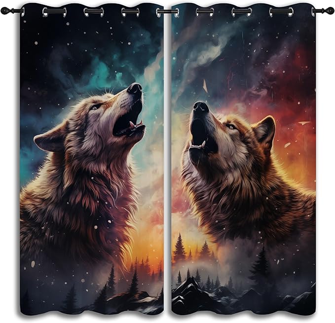 Fantasy Wolf Blackout Curtains for Boys Girl Bedroom Decor,Colorful Galaxy Misty Forest Wildlife Thermal Insulated Grommet Drapes Darkening Window Curtain for Living Room Home 84x84 inch