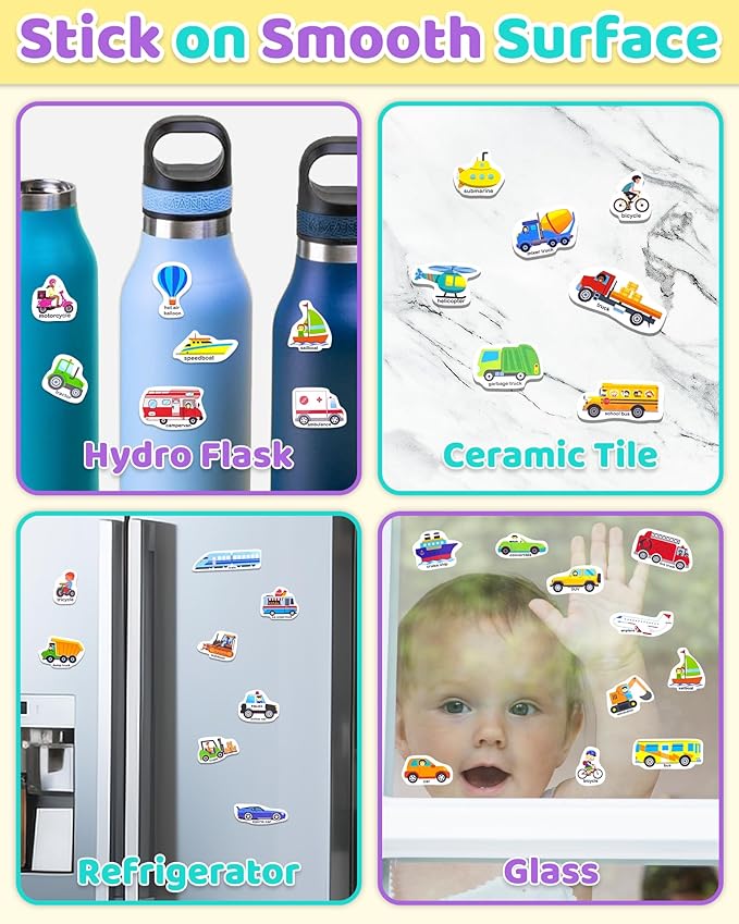 Benresive Reusable Sticker Book for Toddlers 2-4 Years, Fun Travel Stickers for Kids, Waterproof Sticker Books for Toddlers 1-3, Crafts Activities for Todddlers 1-3 2-4 3-5 - Transport