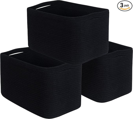 MINTWOOD Design 3-Pack Storage Baskets for Shelves, Playroom and Classroom, Book Basket, Decorative Storage Cube Bins, Woven Closet Organizers, Pantry and Shoe Organizer, Full Black