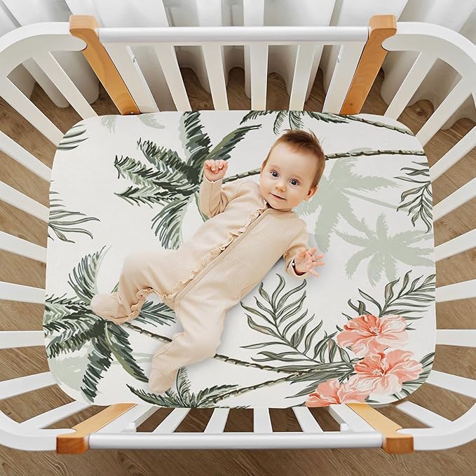 Tropical Vintage Palm Trees Crib Sheets for Boys and Girls, Fitted Baby Crib Sheets Soft and Breathable Mini Crib Sheets 52 X 28 X 9 Inches