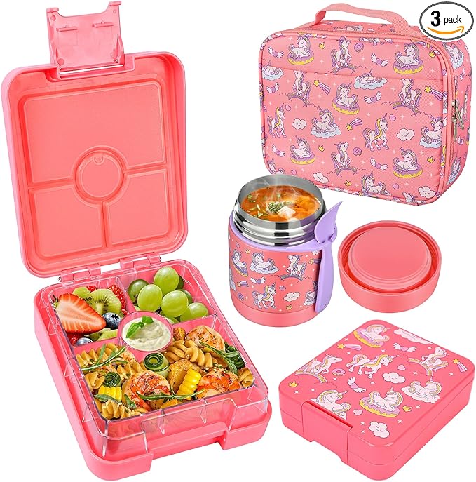 Bento Lunch Box Set With 10oz Soup Thermo, Leak-proof Lunch Containers with 4 Compartment, Kids Hot Thermo Food Jar/Insulation Lunch Bag, Food Containers for School