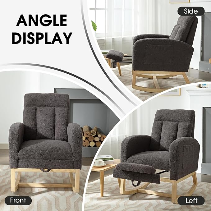 NIOIIKIT Modern Nursery Rocking Chair, Teddy Upholstered Rocking Chair with Footrest, Comfortable Rocker Recliner with Side Pocket, Glider Rocker for Living Room, Bedroom, Nursing Room (Dark Grey)