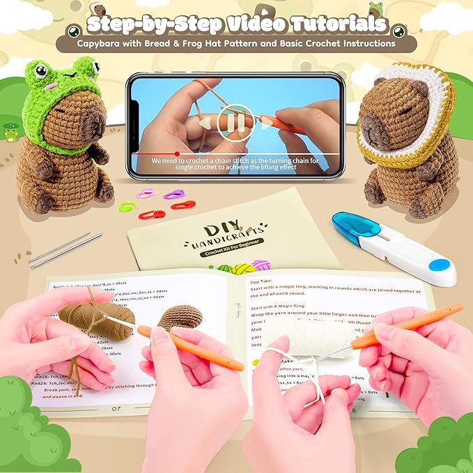 Capybara Crochet Kit for Beginners, 2PCS Capybara with Frog and Bread Hats Crochet Animal Kit with Step-by-Step Video Tutorials, Starters Crocheting Kits, Stuffed Animals Knitting Kit for Kids Adults
