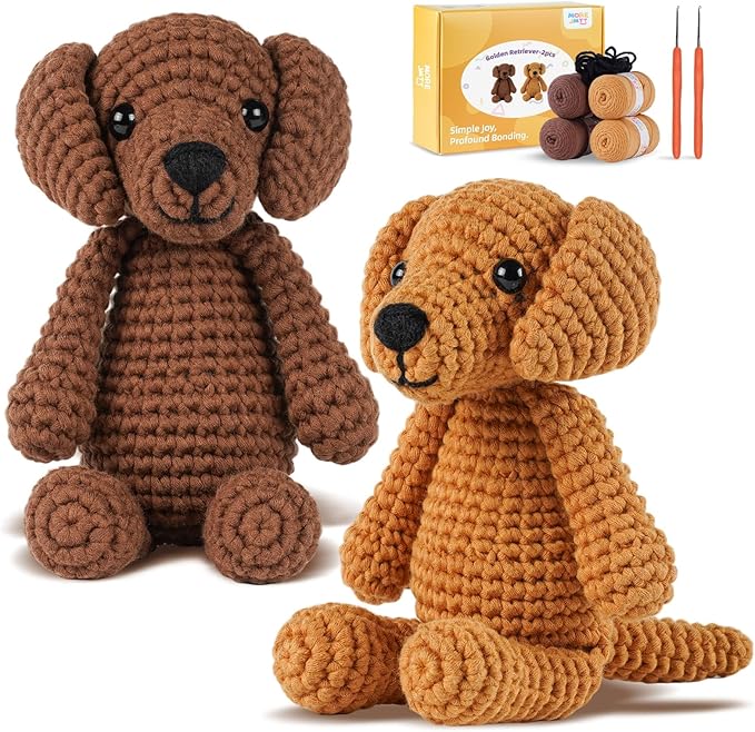 MOREJMTT Crochet Kit for Beginners, Learn to Crochet, Include Easy Knitting Soft Yarn, Step-by-Step Video Tutorial, Hook, Holiday Birthday Gift for Adults and Kids(2 Pack Golden Retriever)