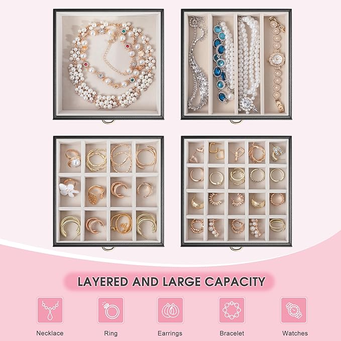 5-Layer Jewelry Box with 4 Drawers, Huge Portable Jewelry Organizer with Lock and Mirror for Women, for Necklace Ring Earring Bracelet Storage, Lockable Jewelry Case, Black