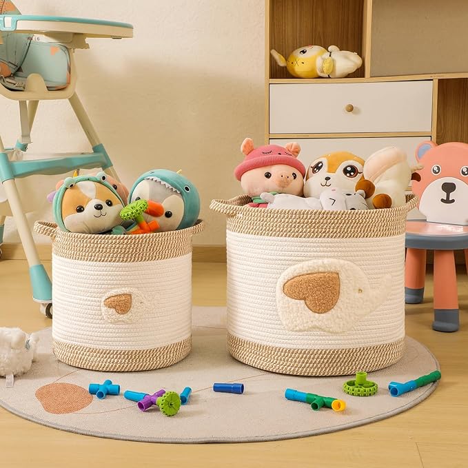 Large Blanket Baskets for Living Room Decor, Toy Storage Baskets Woven Cotton Rope Storage Basket for Kids, Dog Toys Organizer Clothes Hamper with Embroidery Decor for NurseryLaundry (Large, Elephant)