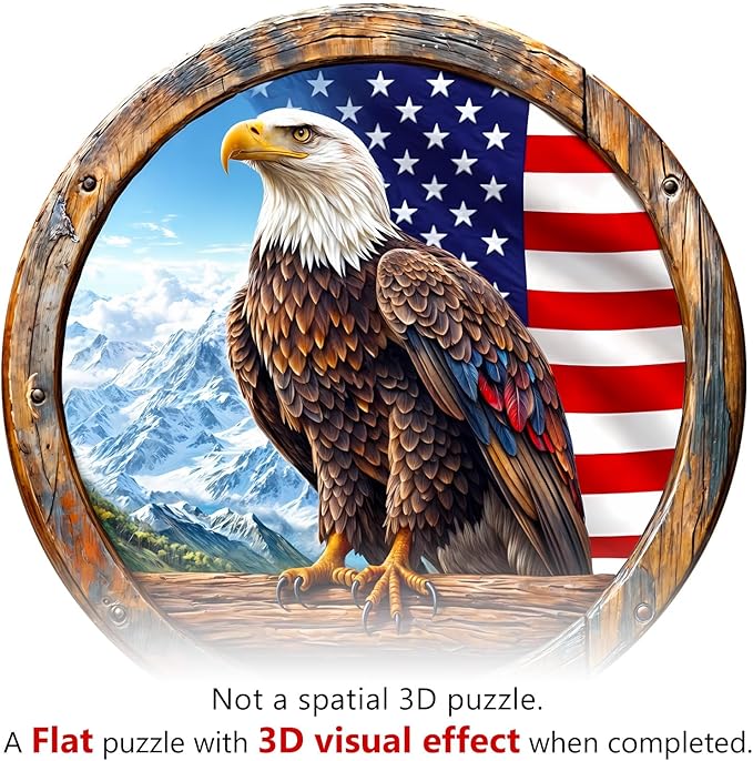 KAAYEE Wooden Puzzles for Adults, 3D Vision Effect Bald Eagle Wooden Jigsaw Puzzle Unique Shape Wood Puzzle Adult, Flat Puzzle Birthday Fathers Family Game (M-11.4 * 11.4in-200pcs)