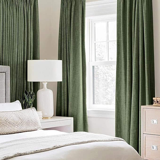 MIULEE 100% Blackout Linen Textured Curtains for Bedroom Solid Thermal Insulated Olive Green Grommet Room Darkening Curtains & Drapes Luxury Decor for Living Room Nursery 52 x 96 Inch (2 Panels)