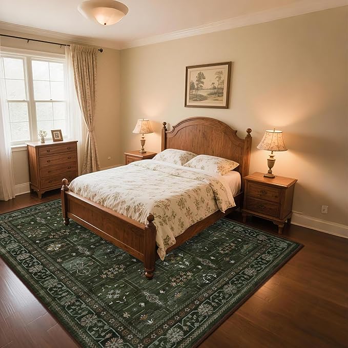 4x6 Area Rug for Bedroom Machine Washable, Non Slip Vintage Floral Kitchen Rugs for Dining Room, Low Pile Indoor Floor Print Carpet for Nursery Farmhouse Home Office Dark Green