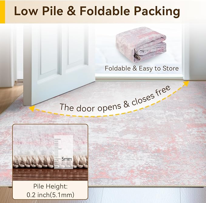 Washable Area Rugs 3'x5' Non-Slip Modern Abstract Soft for Living Room Entryway Bedroom Nursery, Print Pattern, Grey Pink