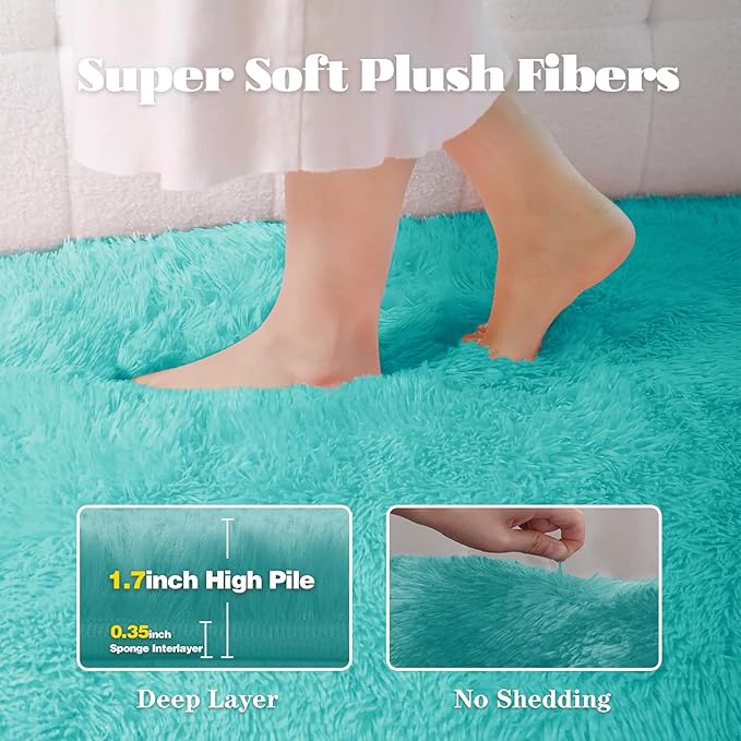 4FT Round Rug for Bedroom: Fluffy Shag Soft Washable Rugs Circle Small Fuzzy Plush Indoor Carpet for Living Room Nursery Playroom Dorm Kids Girls Boys Room (Teal Blue, 4'x4')