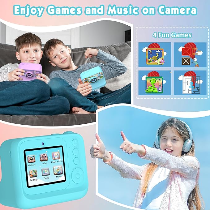 Kids Camera, Upgrade Kids Camera Instant Print, Front Rear Dual Selfie Digital CAM with 1080P Videos, Portable Travel Toy with Games and Music, Christmas Birthday Gift for Boys, Girls and Teens