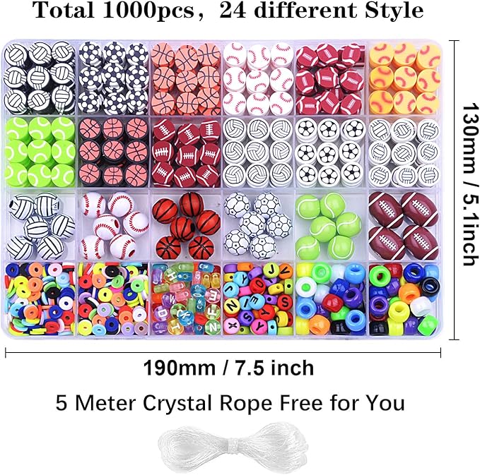1000PCS Sports Ball Polymer Clay Beads Charms for Friendship Bracelets Making Kit Cute Fun Beads DIY Arts Crafts Birthday Gifts for Kids Girls Baseball Basketball Soccer Rugby Volleyball Football Bead