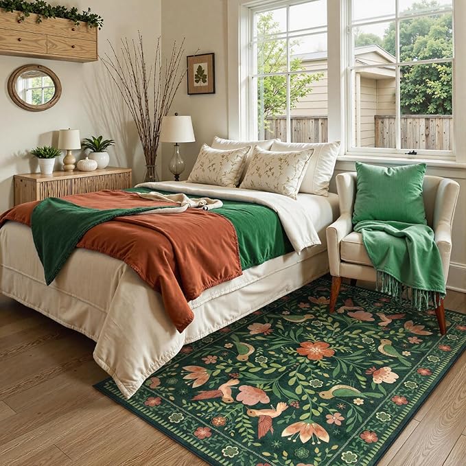 Moynesa Boho Bird Washable Rug, 3x5 Ultra-Thin Dark Green Kitchen Rugs Non-Slip, Stain Resistant, Low Pile, Indoor Small Living Room Throw Carpet for Entryway Bathroom Office Bedroom