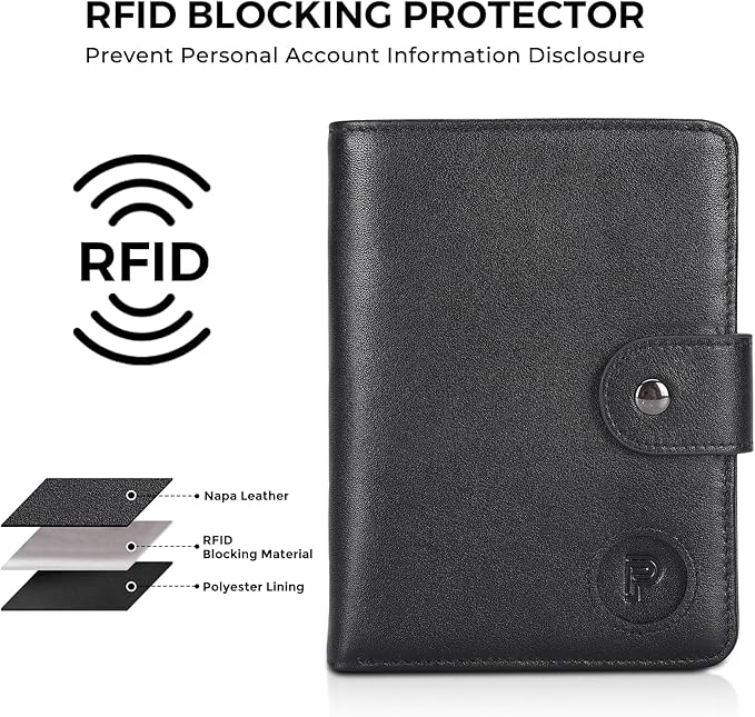 Polare Luxury RFID Blocking Leather Passport Holder Travel Wallet For Men and Women (Black with AirTag Slot(Snap Version))