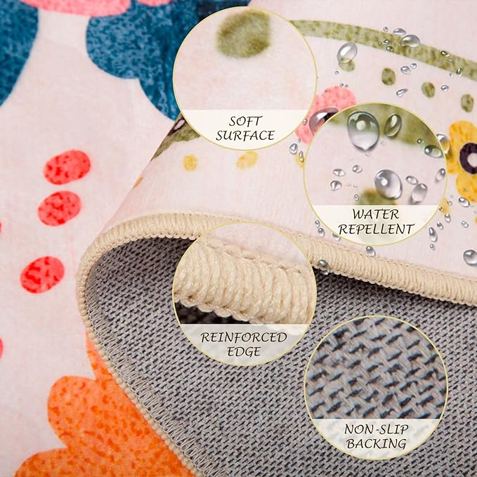 Floral 4ft Area Rug Machine Washable Soft Print Boho Carpet Non Slip Doormat Low Pile Flower Area Rugs for Living Room Bedroom Nursery Kitchen Dining Room Indoor-Pink