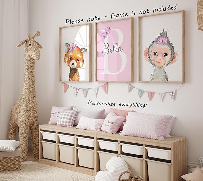 Personalized Safari Animals for Baby Girls Nursery, Set of 3 Unframed Poster Prints, Personalized Name Pink Lilac Floral, Girls Bedroom Decor, Elephant Giraffe (11x14)