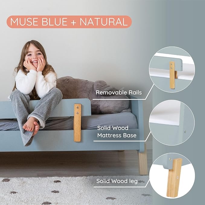 dadada Muse Blue Toddler Bed with 2 Removable Safety Rails. Low Profile Montessori Bed. Sturdy Solid Wood Frame, Fits Standard Crib Mattress, Easy to Assemble, Toddler Bed for Boys & Girls - Blue