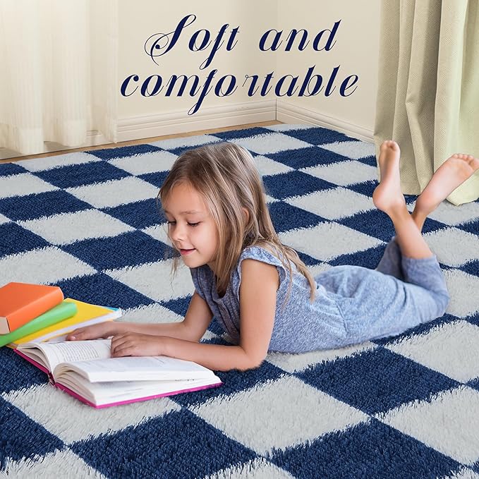 Super Soft Rug for Bedroom, 4x6 ft Blue and White Area Rug Classic Checkered Shaggy Anti-Skid High Pile Soft Fluffy Rug Fuzzy Carpet for Living Room Bedroom Kids Room Nursery, Dorm