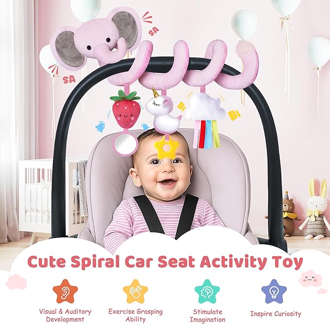 Stuffed Spiral Car Seat Toys for Baby Girls 0-6 Months, Perfect Newborn Gifts for Girls Essentials, Cute Pink Elephant Plush Items