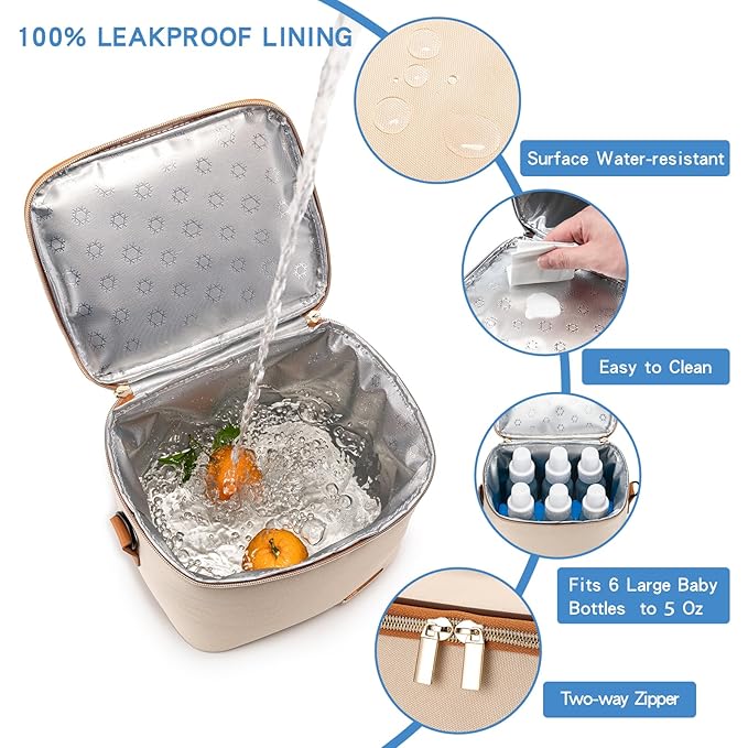 Breastmilk Cooler Bag with Ice Pack Fits 6 Baby Bottles Up to 5 Ounce, Baby Bottle Bag with Shoulder Strap for Nursing Mom Daycare, Cream