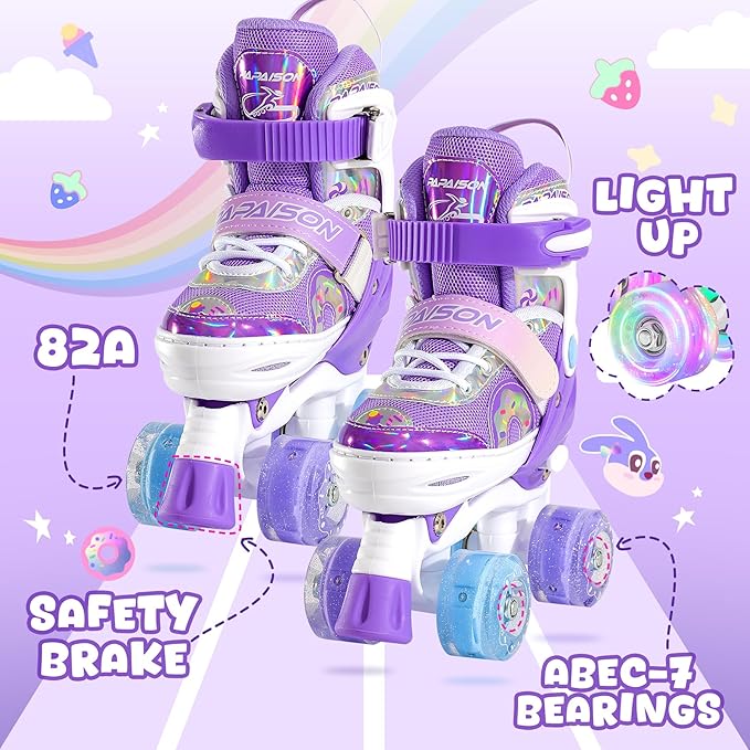 PAPAISON Adjustable Roller Skates for Girls Illuminating Wheels, Kids Toddler Rollerskates Ages 4-6 5-8 8-12