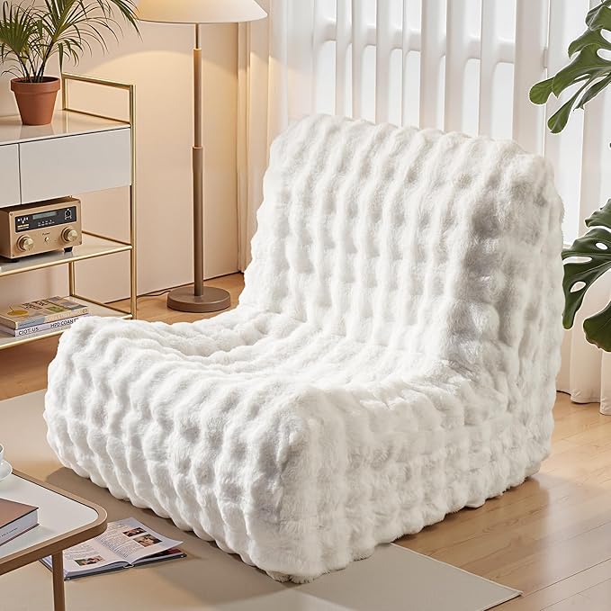 Modern Bean Bag Chair, Large Bean Bag Couch for Adults with Memory Foam Filled, Soft Faux Bunny Fur Lazy Chair for Living Room Bedroom Dorm Apartment, No Assembly Required, White