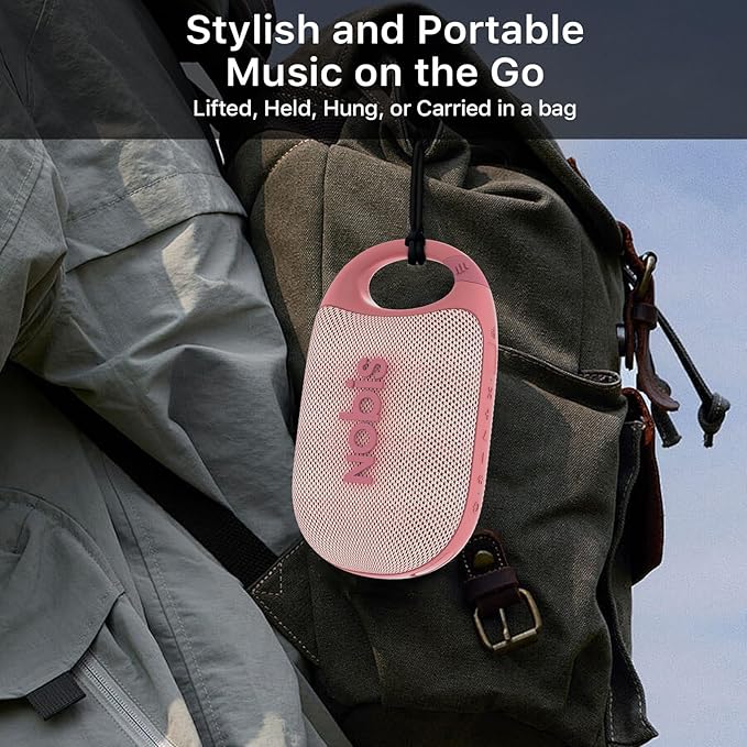 NOBIS Clip N1 Portable Bluetooth Speaker with App, Beat Mode, Up to 24H Playtime, IP68 Waterproof, BT 5.3, HD Sound, Stereo Pairing, Custom EQ, Perfect for Outdoor, Home and Adventure (Pink)