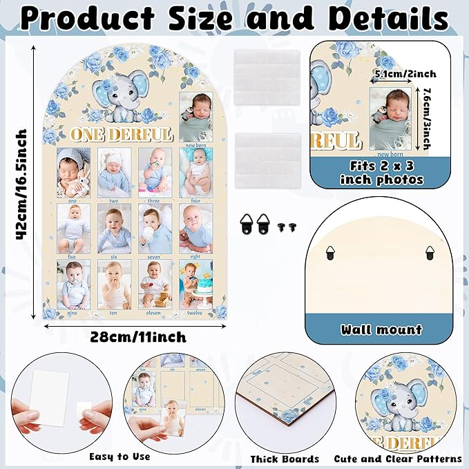R HORSE My First Year Photo Display Wood Board - 3D Blue Elephant Baby's First Year Picture Frame, 12 Months Milestone Board Neutral Baby Keepsake Gift 1st Birthday Nursery Decor for Boy Girl