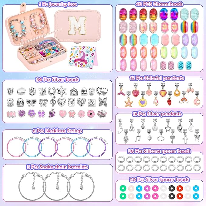 Kids Bracelet Making Kit with Jewelry Box for Girls Charm Beads for Jewelry Making Kit DIY Bracelet Craft Kit for Teen Girls Age 8-12 Kids Toy Birthday Valentine Gifts Christmas