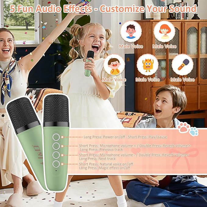 J&D Mini Karaoke Machine for Kids Adults, Portable Bluetooth Speaker with 2 Wireless Mics and Cat Sticker for Girls Boys Age 3–10 Birthday Gifts Princess Toys, Colorful LED, Green