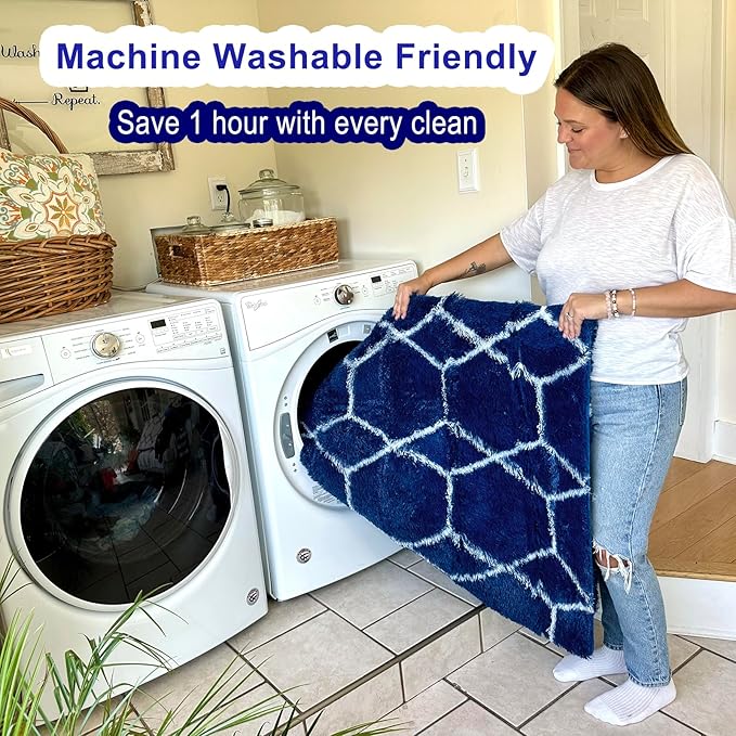 ONASAR Geometric Area Rugs 5x8 for Living Room, Fluffy Moroccan Navy and White Rug for Boys Bedroom Home Decor Aesthetic, Soft Shaggy Plush Floor Carpet for Kids Girls Teen Nursery Playroom Office