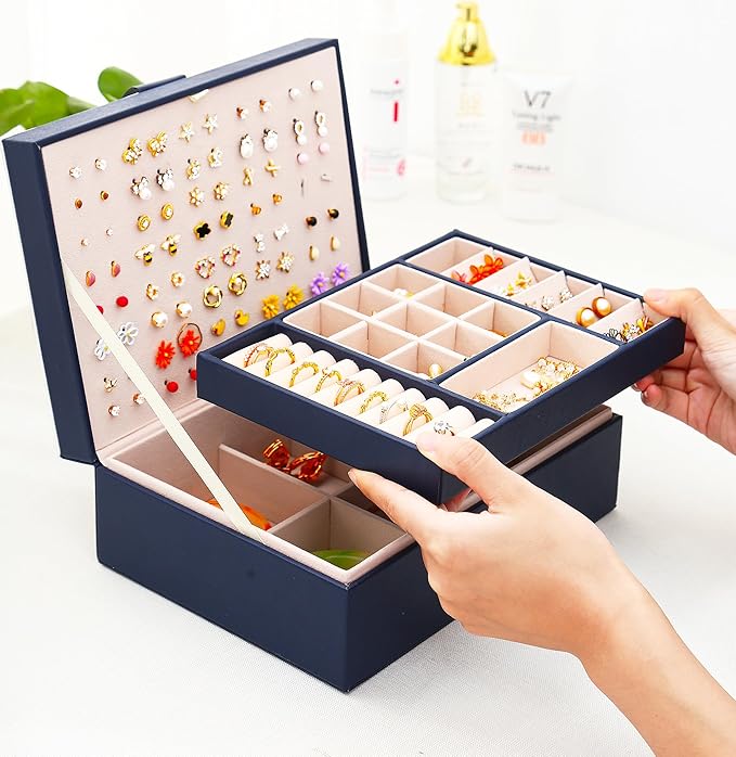 Womens Earring Jewelry Box for Girls Jewelry Earring Organizer Box Earring Holder Organizer for Girls Jewelry Organizer Earring Boxes for Women Girls Stud Earring Organizer Jewelry Box Navy