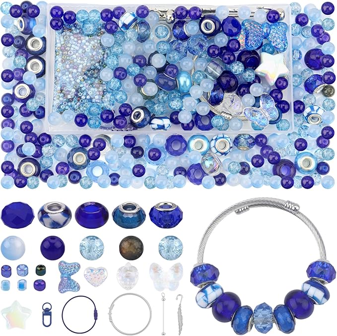 Kingshine 630pcs Beads Making Kit - European 8mm Round Glass Beads with Charms for DIY Bracelet Necklace Earring Jewelry (Blue)